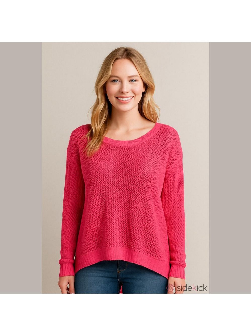 i Jeans by Buffalo pink open knit long sleeve Crewneck hi Lo sweater Large